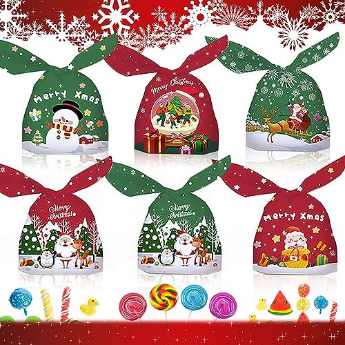 YeahBoom 60 Stücke Weihnachten Geschenkbeutel,6 Design Geschenktüten Weihnachten,Hasen Ohren Candy Tüten,Weihnachten Cookie Beutel,Partytüten,Geschenktüten Weihnachten,Weihnachten Treat Tasche
