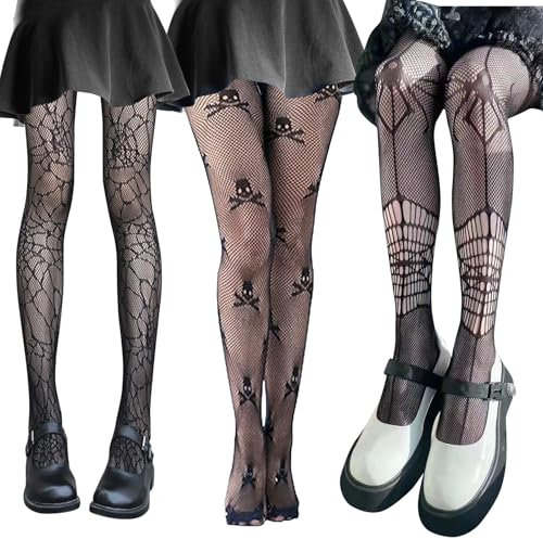 3 Paar Netzstrumpfhose Schwarz, Halloween Spinnennetz Strumpfhose, Netz Strumpfhose Totenkopf Spinnen, Skelett Strumpfhose Damen, Halloween Kostüm Accessoires Tag Der Toten Festival Karneval Strümpfe