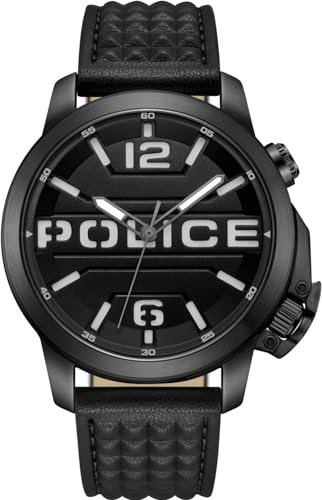 Police Automated Uhr für Herren in der Farbe Schwarz mit Armband aus Leder, Wasserdichtigkeit: 5 bar, Gehäusedurchmesser: 44 mm, PEWJD0021701
