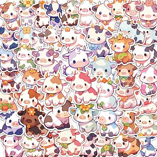 Rainbow Cow Stickers 50 Pcs Waterproof Cartoon Cute Cow Decals for Kids Teens