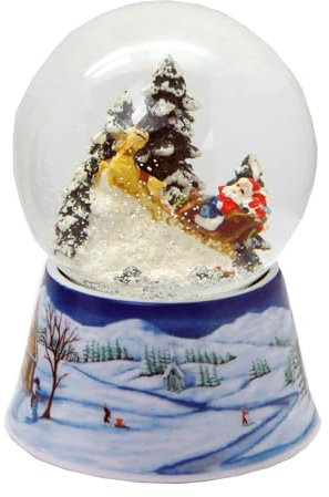 Schneekugel Weihnachtsmann im Schlitten auf Sockel nostalgische Schneelandschaft Mittelblau Weihnachten Winter mit Spieluhr - 100mm breit * 20105w