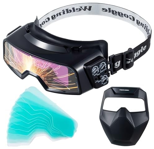 Meonum Auto Darkening Welding Goggles, Wide Rang Shade 4/5-9/9-13, Welding Glasses with Welder Mask and 10 Replacement Lenses, Adjustable Sensitivity work for TIG MIG ARC Plasma Cutting