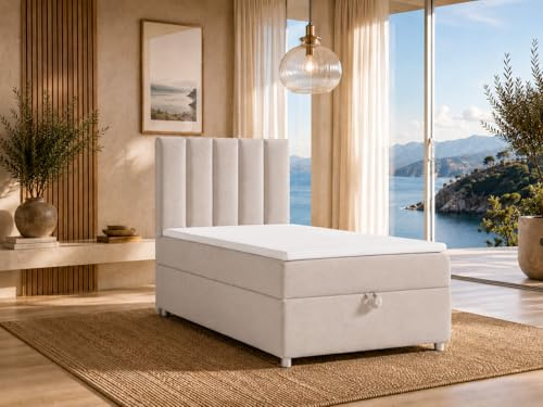 Best For Home Trinity K10 Boxspringbett 80x200 | Stauraum mit Topper | Einzelbett mit Bonell Federkernmatratze H3, Hoher Schlafkomfort, Gepolstertes Kopfteil, Modernes Bett Design und Bettkasten