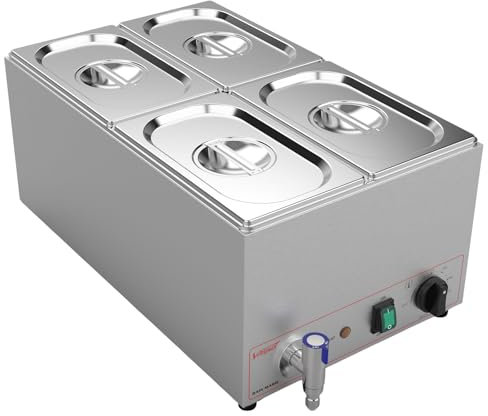 Valgus Commercial Bain Marie Buffet Scaldavivande in Acciaio Inox 4 sezioni 15L Tavolo a Vapore con Coperchio e Rubinetto per casa e ristoranti
