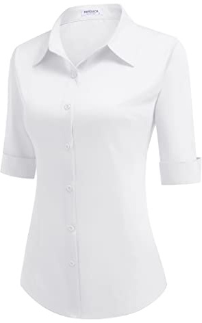 Hotouch Chemisier pour Femme Coton à Manches Courtes Chemise Classique Boutonnée Shirt Top Décontracté Col en V Blouse Solide Élégant Business Tops Chemise de Travail Blanc XS