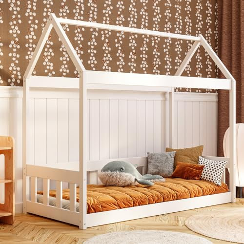 YOUKO Hausbett Kinder Ben 190x90 aus Kiefernholz - Kinder Bett Für einen Jungen und EIN Mädchen - Montessori Bett Schlichten Stil - Hausbett