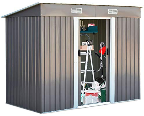 GOPLUS Gerätehaus Metall 238 x 131 x 181 cm, Geräteschuppen mit 2 Schiebetüren & 4 Lüftungsfenster & Pultdach, Gartenhaus für Garten Hof