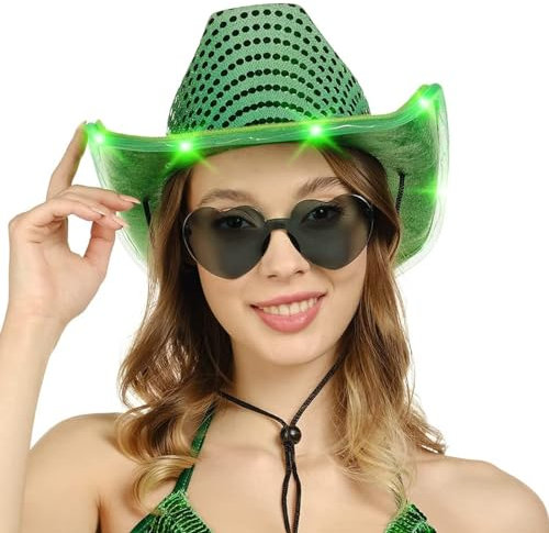 yanwuwa Patrick beleuchteter Cowboyhut mit LED breiter Krempe, für die Braut, grüne Pailletten, Fedora-Hut für Outdoor-Fotoshootings, Zubehör, LED-Licht, Cowboyhut