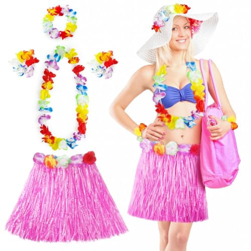 Aomig Disfraz Hawaiana Falda de Paja, 5 Pcs Set Hawaiano con Collar Pulsera Guirnalda Diadema Hawaiano, Falda Hawaiana Hierba para Niñas Mujer Adultos para Playa Fiestas Temáticas, Rosa-40cm