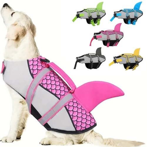 RUYICZB Hunde Schwimmweste Hai, Verstellbar & Ripstop Hunde Rettungsweste Mit Rettungsgrif, Hoher Schwimmfähigkeit Haustier Lebensretter Welpen Badeanzüge Für Strand Leicht Und Sicher,Rosa,L