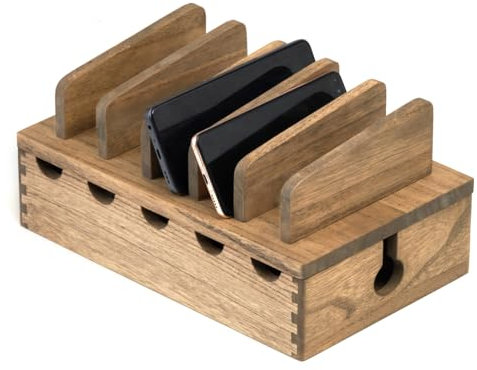 KIRIGEN Wooden Cell Phone Stand Charging Station Desktop Charging Dock Holder Wood Desk Multi-device Cords Organizer Stand Charger Dock Cradle Rack for Home and Office(DDXH-DBR)
