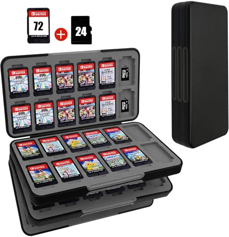 FYY Nintendo Switch Game Case - Black Nintendo Switch Game Holder for Nintendo Switch Cartridge Case with 72 Game Card Slots & 24 Micro SD Card Slots, Switch Card Case - Hard Shell, Silicone Lining