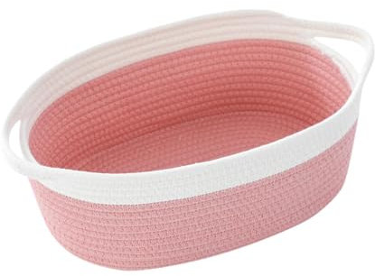 DimyFew Baumwollseilkorb zum Ordnen, stabil, 30 x 20 x 12,5 cm, leerer Korb für Geschenke, Kleiner geflochtener Korb für Handtücher, Snacks, Spielzeug, Weiß Rosa