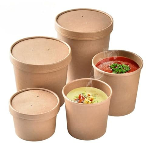 HOT BARGAINS 100 X 32oz / 900ml Brown Kraft Disposable Soup Cups Containers with Lids of Paper Soup Bowls Perfect for Ice Cream Containers, Dessert and Deli Containers (32oz, 100, Count)