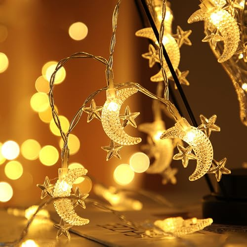 MUCHER Guirlande Lumineuse interieur Étoiles et lune, 6M 40LED USB Lumières de fée intérieur, decorative pour chambre à coucher, Terrasse, mariage, fête, Noël, anniversaire