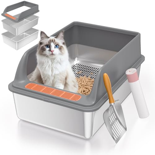 Sift Stainless Steel Litter Box with Lid, Medium Sifting Cat Litter Pan for Pine Pellets & Big Cats, Metal Pellet Sifter System for Odor Control