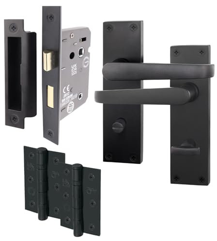 EAI Black Bathroom Door Handle Set | 1 Pair Bathroom Handles on Backplate with Lock 64mm & Hinges 76mm | Straight Pattern