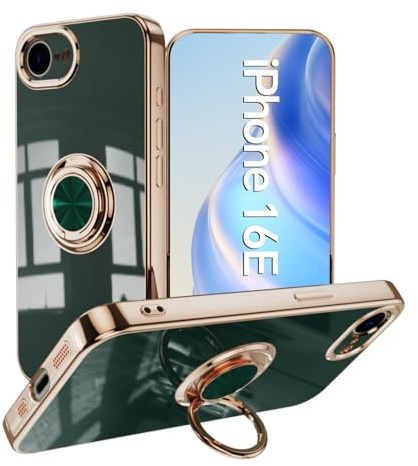 Sawiqpd for iPhone 17e / iPhone 16e Case with Ring Kickstand, Dark Green | Soft TPU Silicone Phone Case, Support Magnetic Car Mount, Shockproof Slim Fit Cover, Electroplating Design, Military, Glossy