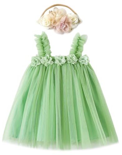Miipat Vestito da Bambina Tulle Bambino Ragazze Abitini Tutu Principessa con Fascia per Capelli Abiti per Festa di Compleanno Smash Torta Fotografico Abbigliamento Verde 110 3-4 Anni