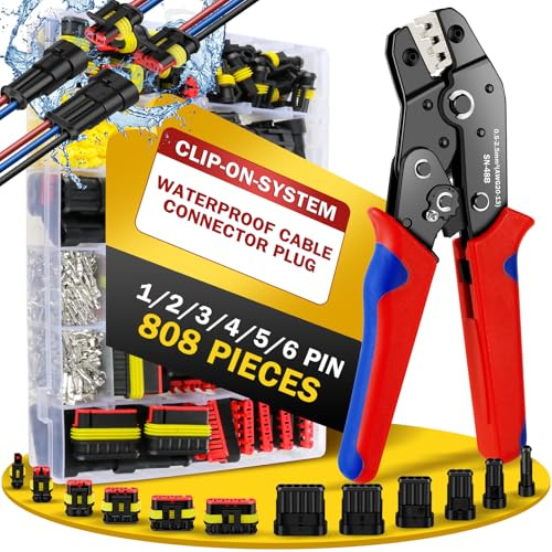 moveland 808 PCS Waterproof Automotive Connector Kit, 1/2/3/4/5/6 Pin | With Crimping Pliers, Copper Terminals & Seals, for 1.5 mm² Cable, Car, Motorbike, Truck, Caravan, Trailer & Boat