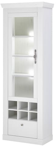 Lomadox Wohnzimmer Vitrine Vitrinenschrank inkl. LED-Beleuchtung, 70 cm Breite, in Pinie weiß, Türen rechts/Links montierbar, Flascheneinteilung - Landhaus-Stil