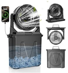 Ventilateur Brumisateur avec Seau de 9L, Batterie 20000mAh, 4 Vitesses & 4 Modes de Brume, Ventilateur Humidificateur Portable, Silencieux, Idéal pour Camping, Pêche & Voyages