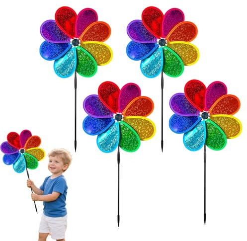 4 Pièces Anti-Oiseaux Moulin à Vent Réfléchissant,Effaroucheur Oiseaux,Moulin a Vent Jardin Exterieur,Carillon à Vent en Forme de Fleur,Décoration de Jardin,pour Jardin terrasse et Balcon