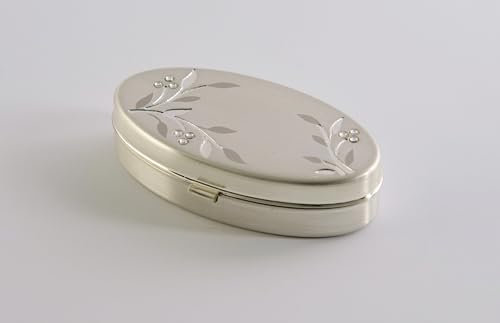 Pillendose aus versilbertem Metall mit Blumenmuster, Spiegel und 2 Fächern, 6,5 x 3,5 x 1,6 cm