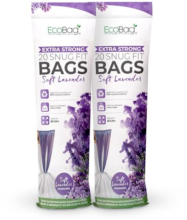 EcoBag - 40 Pack Lavender Scented Kitchen Drawstring Bin Liner - 30L - 25 Microns - Heavy Duty, Extra Strong, Tear Resistant, Odor Control (465 x 750mm)