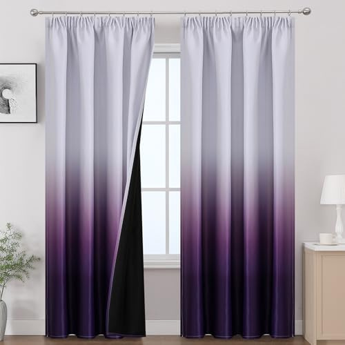 VEHEDE Purple and White Blackout Curtains for Bedroom, Thermal Insulated Full Room Darkening Ombre Curtain for Living Room with Pencil Pleat, 2 Panel 84 Inch Length Drapes, W52 x L84 Inch
