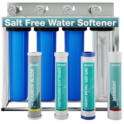 NU Aqua 4 Stage Main Line Salt Free Water Softener Whole House Water Filter System (20” x 4.5”) | Reduce Heavy Metals, Chlorine, Odors | Sediment, Water Softner, Heavy Metal KFD GAC, Carbon Block
