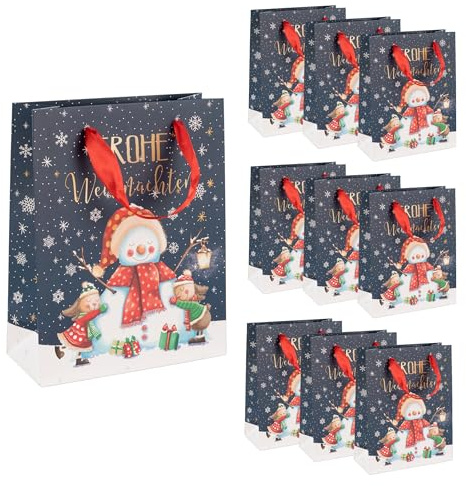 Idena 90491 - Geschenktaschen Schneemann, 10 Stück in Blau, Papiertüten in der Größe 23 x 18 x 8 cm, Geschenktüten für Weihnachten