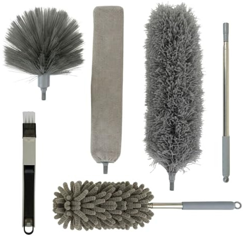 Plumero Atrapapolvo Extensible de Microfibra de 6 Piezas Lavables para Eliminar El Polvo | Kit Limpia Polvo con Cepillo para Ranuras, Ventanas y Puertas (Gris)
