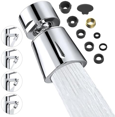 Hibbent 4 Spray Modes Tap Aerator, Chrome | 360° Rotation and 35° Adjustable, Solid Brass Rotating Ball and ABS Shell, 22 Female Thread with 6 Adapter