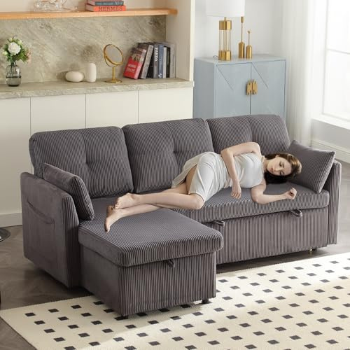 Bladez Modular Sofa Bed with Storage & Pull-Out Sleeper, Reversible Chaise L-Shaped Sectional Sofa, Corduroy Upholstered Modular Corner Sofa for Living Room, Apartment & Guest Room (Cord, Dunkelgrau)