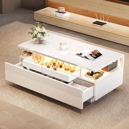 Merax Couchtisch Weiß Hochglanz mit LED, Sofatisch Wohnzimmer mit 2 Schubladen, herausnehmbarem Tablett, gehärtetem Glas, Beistelltisch Kaffeetisch mit Stauraum,90x45x35,5 cm