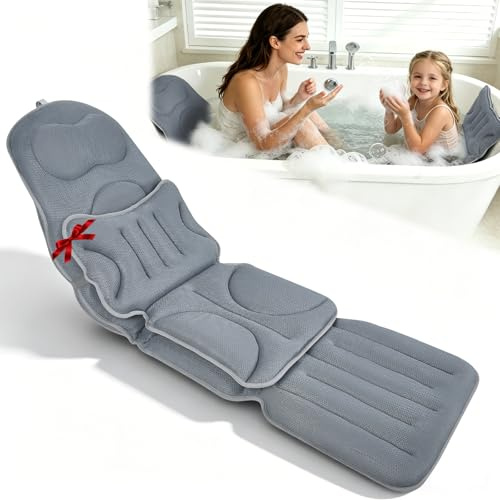 Badewannenkissen Ganzkörper, 2in1 Badewanneneinlage mit Mini Abnehmbares Kissen für Mama & Kind, 139 * 45cm+69 * 45cm, Vollkörper Badekissen mit Rutschfest Saugnäpfe, Schnelltrocknend 6D-Mesh, Grau