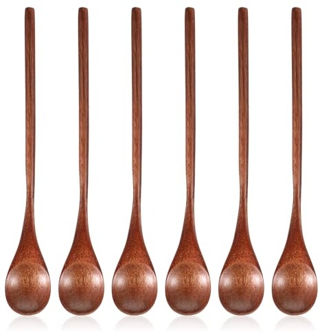 6 Pcs Wooden Spoons for Eating, 7.8 inch Long Handle Wood Teaspoons Wood Soup Spoons Wooden Coffee Spoon for Stirring Cooking Desserts Cereal Tea
