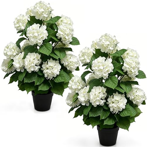 Hecaty 76cm Artificial Hydrangea Trees, 2 Pcs Faux Hydrangea Flowers in Pot | UV Resistant Indoor Outdoor White Blooming Bush for Home, Office, Patio, Porch & Wedding