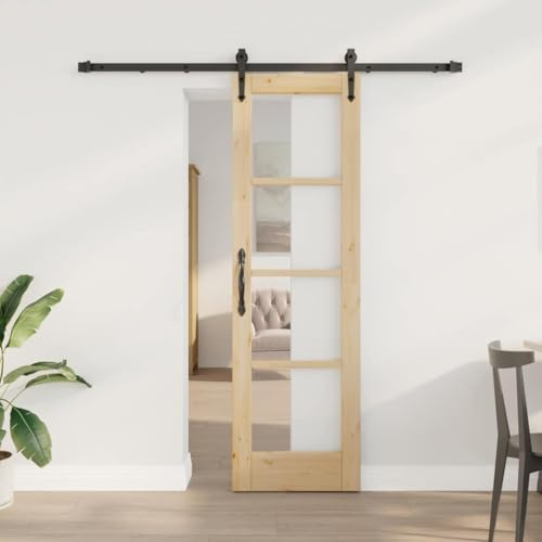 LoogCape Puerta corredera de madera maciza de pino y cristal, color natural, 61 x 198,5 cm, corredera interior con riel, deslizamiento silencioso, ahorra espacio para el salón y la cocina