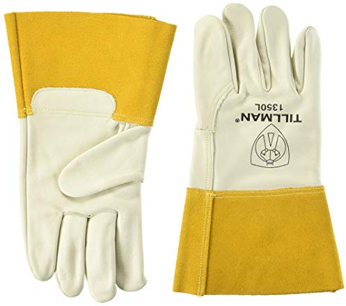 John Tillman and Co Tillman Large 12 Pearl and Gold Heavy Duty Top Grain Cowhide Unlined MIGTIG Welders Gloves with 4 Cuff and Kevlar Thread Locking Stitch (Carded), Pearl/tan