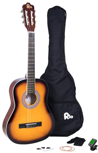 Rio 39'' 4/4 Full Size Acoustic Nylon Classical String Guitar Package Pack - New (Sunburst)