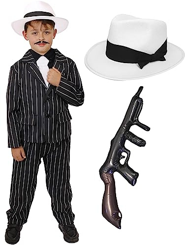 CHILDS 1920's GANGSTER-KOSTÜM, SCHWARZ, NADELSTREIFEN-ANZUG, WEISS, MIT WEISSER FILZHUT AUFBLASBAR, JUNGEN-TOMMY GUN (4-14 JAHREN)