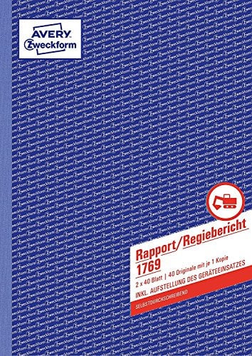 AVERY Zweckform 1769 Rapport/Regiebericht (A4, selbstdurchschreibend, 2x40 Blatt) weiß/gelb (5er Pack | DIN A4)