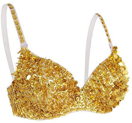 TiaoBug Damen Bügel BH glänzend Pailletten Party Top Bustier mit Glitzer Bra Bauchtanz Kostüm sexy Oberteil Clubwear Gogo Tanz Rave Outfits in 6 Farben Gold 38A-38B-38C
