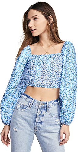 C/Meo Collective Women's Come Across Puff Sleeve Fashion Crop TOP Blouse, Light Blue Floral, Large