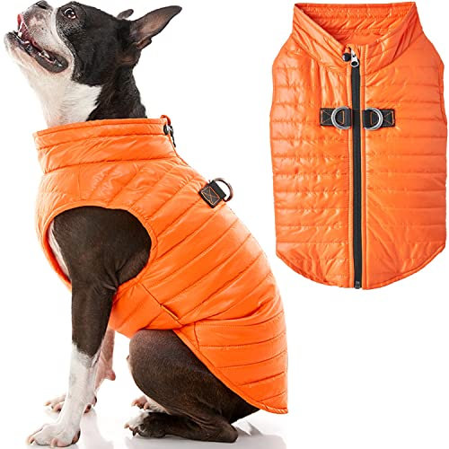 Gooby Puffer Vest Hundejacke – Orange, Größe M – Ultradünner Reißverschluss Windbreaker mit DoppelDRingLeine – wasserabweisender kleiner Hund Pullover – Hundebekleidung für kleine Hunde Junge oder
