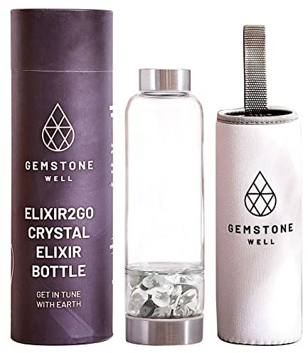 Crystal Water Bottle Elixir Set | Includes Authentic Hematite & Clear Quartz Healing Crystals | Black Neoprene Sleeve | Drink Gem Infused Water On The Go