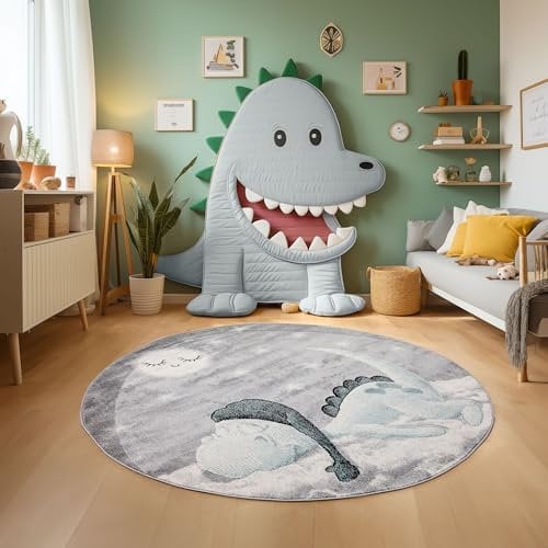 SIMPEX KinderTeppich, Dinosaurier Design, Teppich Blau, 160 cm Rund, Teppich für Kinder, Teppich Kinderzimmer