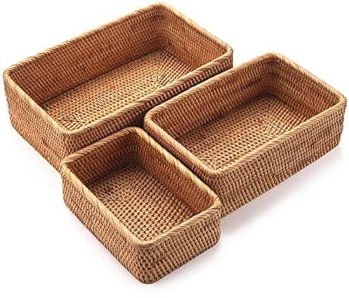 Natürliche Rattan-Aufbewahrungskörbe, Rechteckige Gewebte Obstkörbe, Weidenkörbe Veranstalter für Badezimmer, Wohnzimmer (3er-Set)